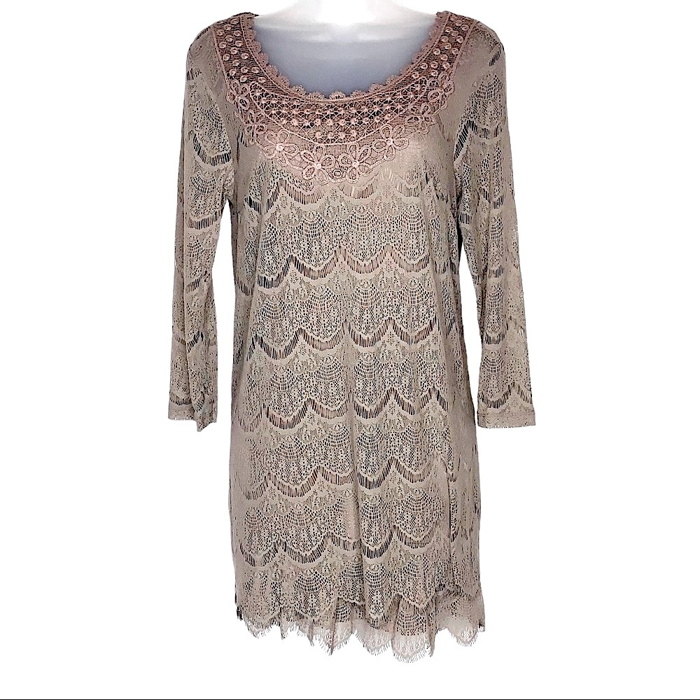 Style & Co Lace Overlay Ruffle Hem Long Sleeve Mini Dress Tan S Cocktail Party - Picture 12 of 15